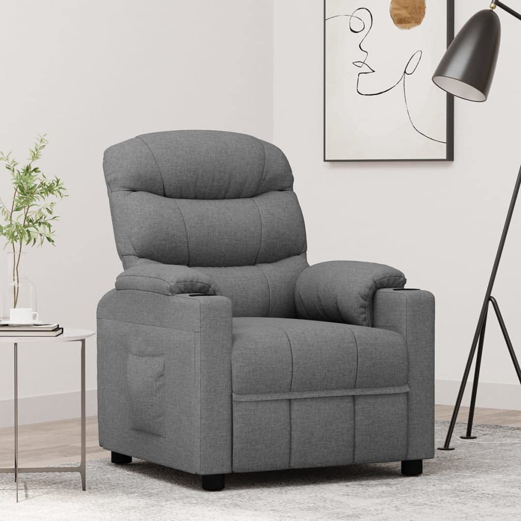 Fotel relaksacyjny, jasnoszary, materiał z ręczną funkcją leżenia, regulowane oparcie i podnóżek, drewniana rama metalowa, ergonomiczny fotel do salonu, biura i kącika do czytania