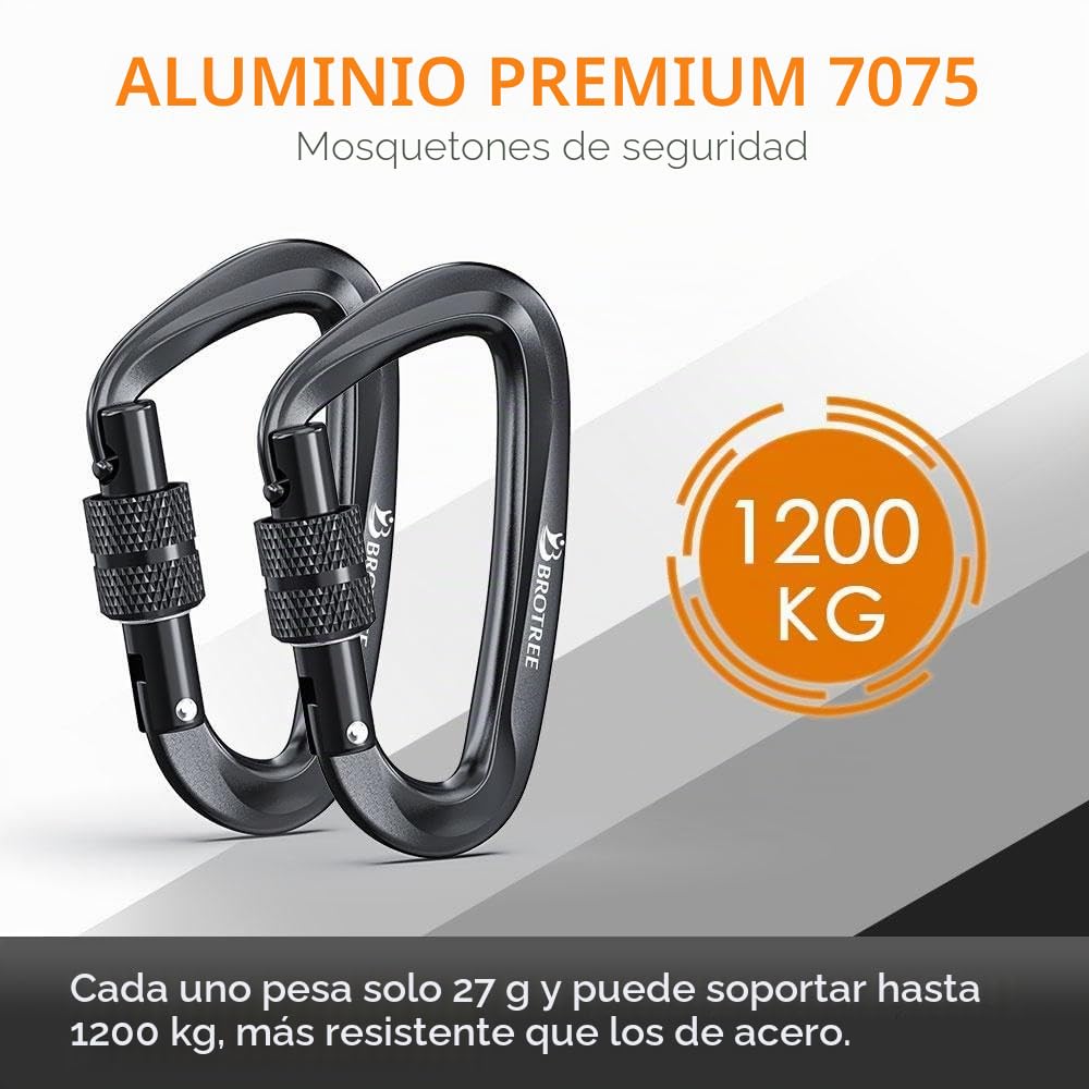 Brotree Mosquetones de Bloqueo 12KN (1200 kg) Mosquetón de Aluminio Resistente con Cierre de Resorte para Hamaca, Senderismo, Gimnasio - Seguridad 8cm Forma de D Mosquetones con Seguro