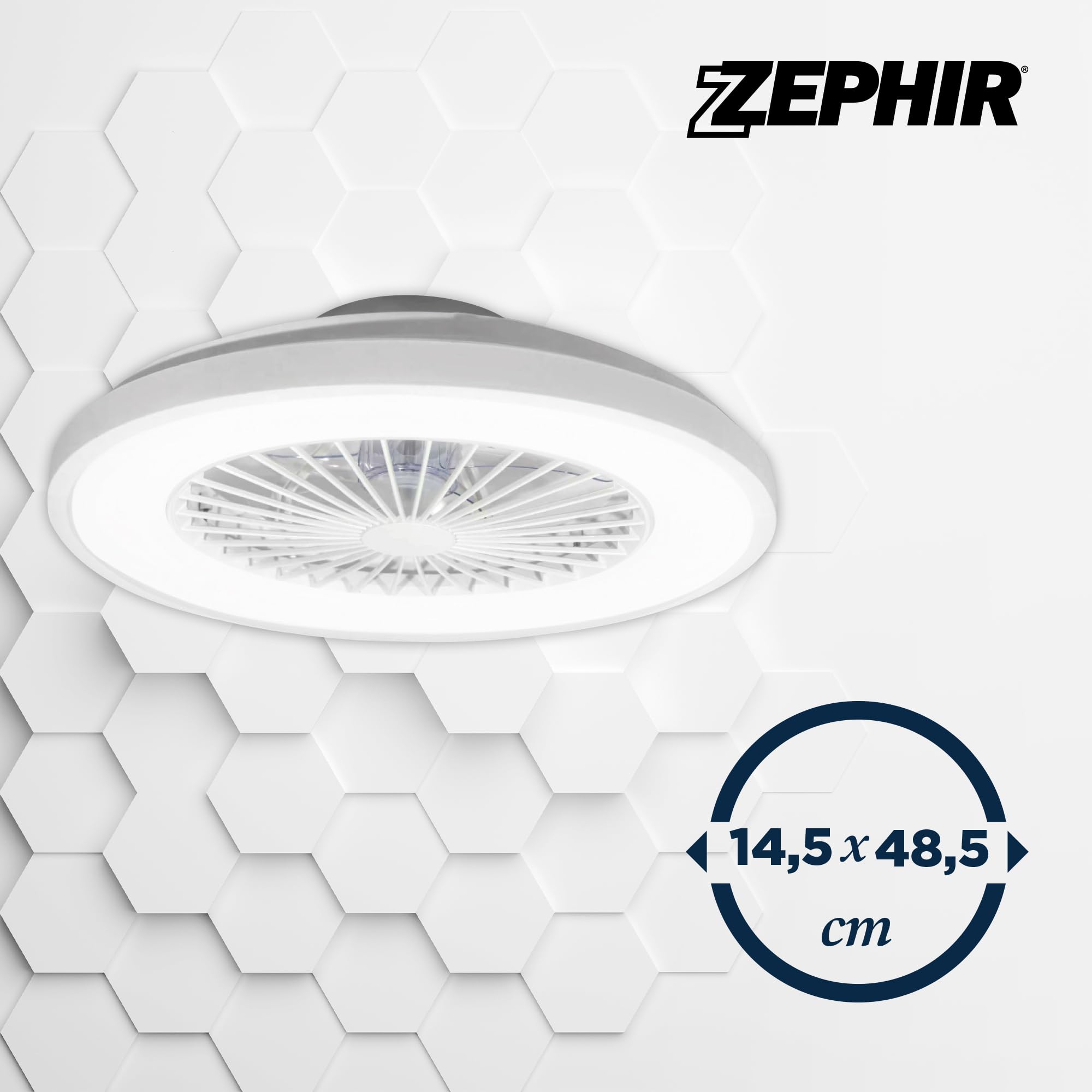 Zephir Ventilatore Plafoniera LED 30W, Luce Bianca CCT, 6 Velocità, Timer, Funzione Reverse E Notturna, 7 Pale Trasparenti, 14.5x48.5 Cm