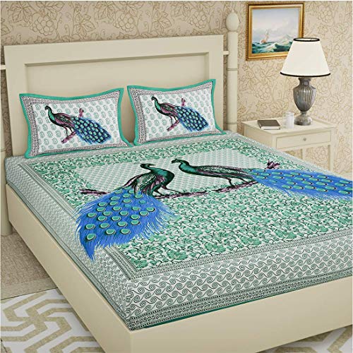Image of Peacock Collection Bed Sheets for Double Bed Cotton King Size with 2 Pillow Covers - Size of Bed Sheet 7.65 ft x 6.9 ft (Blue)