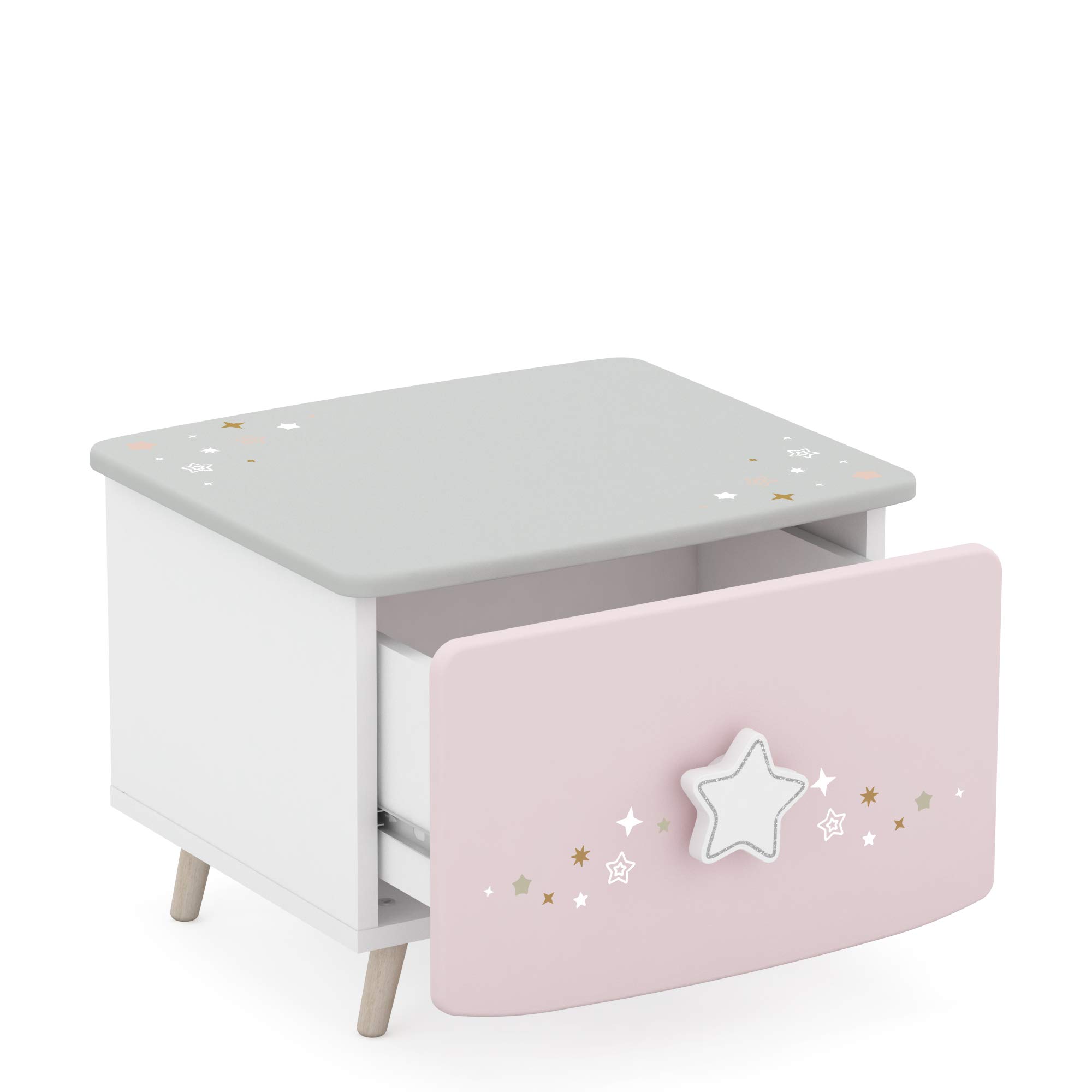 Demeyere Table de Nuit Enfant Rose Pâle avec Poignée Etoile à Paillettes – Peinture Non Toxique – Petite Table de Chevet (34 cm de Haut) Qui s’Intègre à Notre Collection Meubles de Chambre d’Enfant
