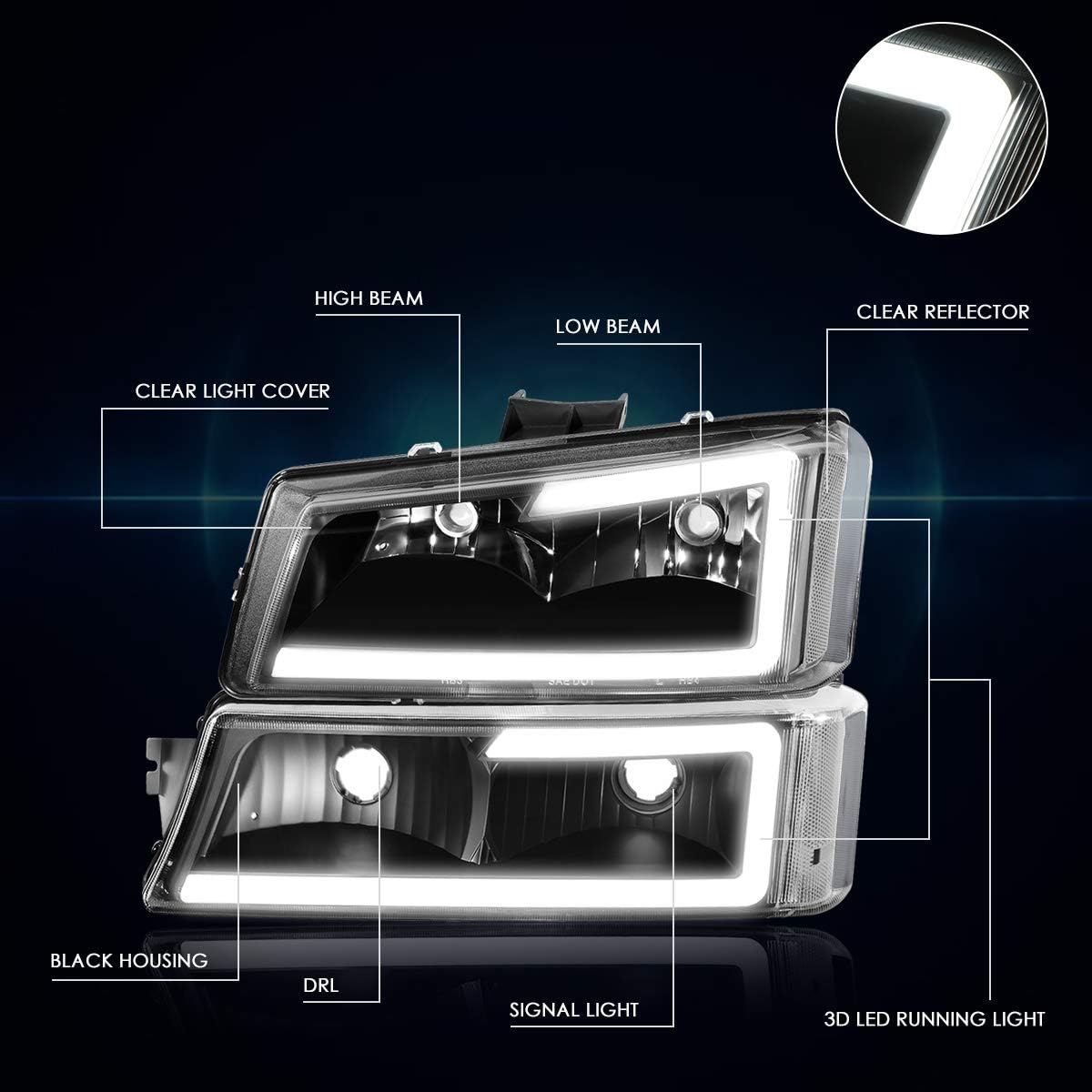 PM PERFORMOTOR [4Pcs-Set] LED DRL Headlights+Bumper Lamps Compatible with 03-07 Chevy Silverado Avalanche,Black Housing/Clear Lens