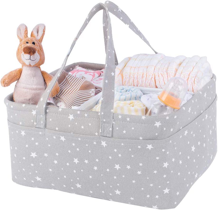 Image of Winnies Cute Diaper Caddy Bag for Smart Mothers Baby Diaper Caddy Organizers Baby Wipes Felt Storage, Nursery, Foldable and Portable (Grey Star)