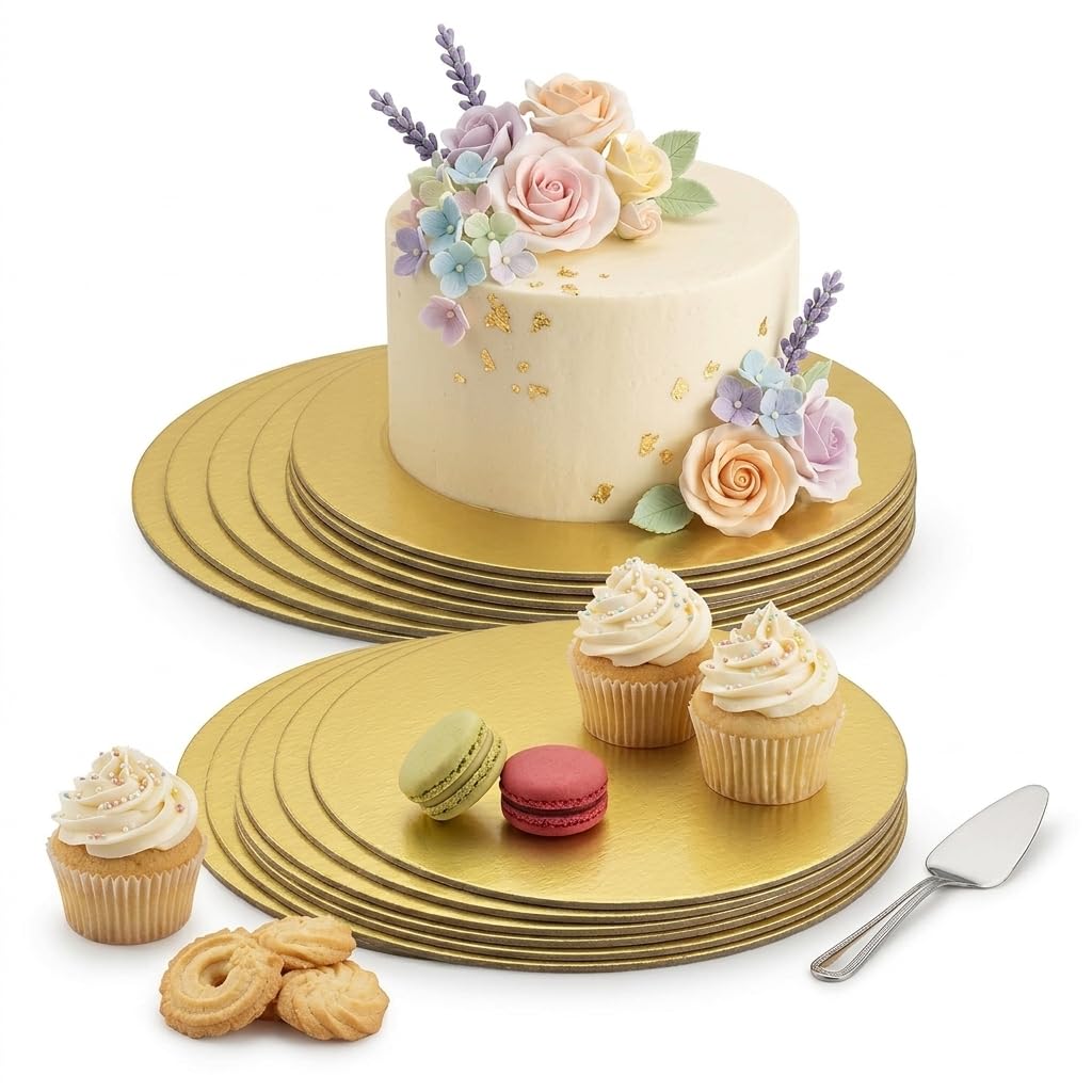 MDF Cake Base Plate - 8-inch Round, Gold 10 Piece Set - Disposable Round Cake Boards - Scalloped Pizza Circle Base-picture-25