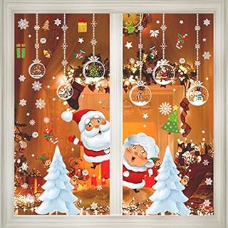 Whaline 6 Sheets Christmas Window Stickers Double-Sided Santa Xmas Tree Snowflake Window Cling Stickers Waterproof Reusable Holiday Cartoon Static Stickers for Window Display Decoration, 8 x 12 Inch