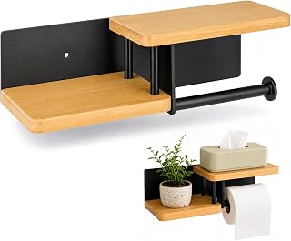 Toilet Paper Holder with Shelf, Toilet Paper Holder with Phone Shelf, Black Stainless Steel Wall Tissue Rack Dual Wooden Trays for Phone Wet Wipes Plants Bathroom Decor