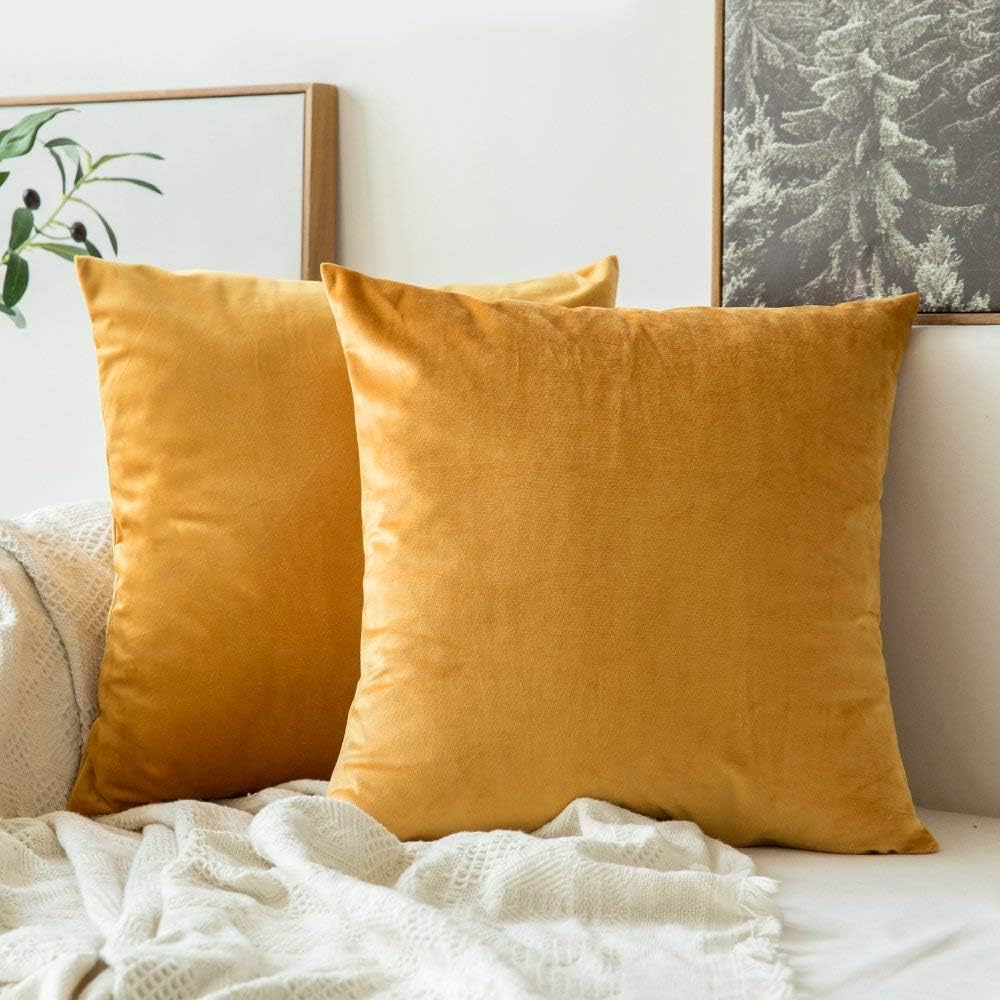 Pack of 2 Velvet Pillow Covers Decorative Square Pillowcase Soft Solid Cushion Case for Sofa Bedroom Car 24 x 24 Inch 60 x 60 cm Gold