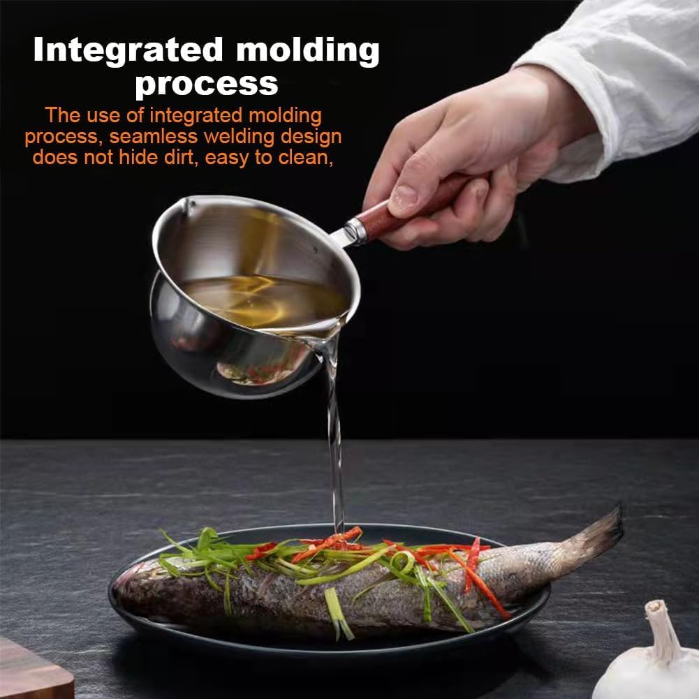 Butter Warmer Pot, 300ml 4.1x2.36in Milk Pot for Stove, Versatile Small Stainless Steel with Pour Spout and 4in Wooden Handle for Melting Butter, Heating Sauces, or Making Coffee