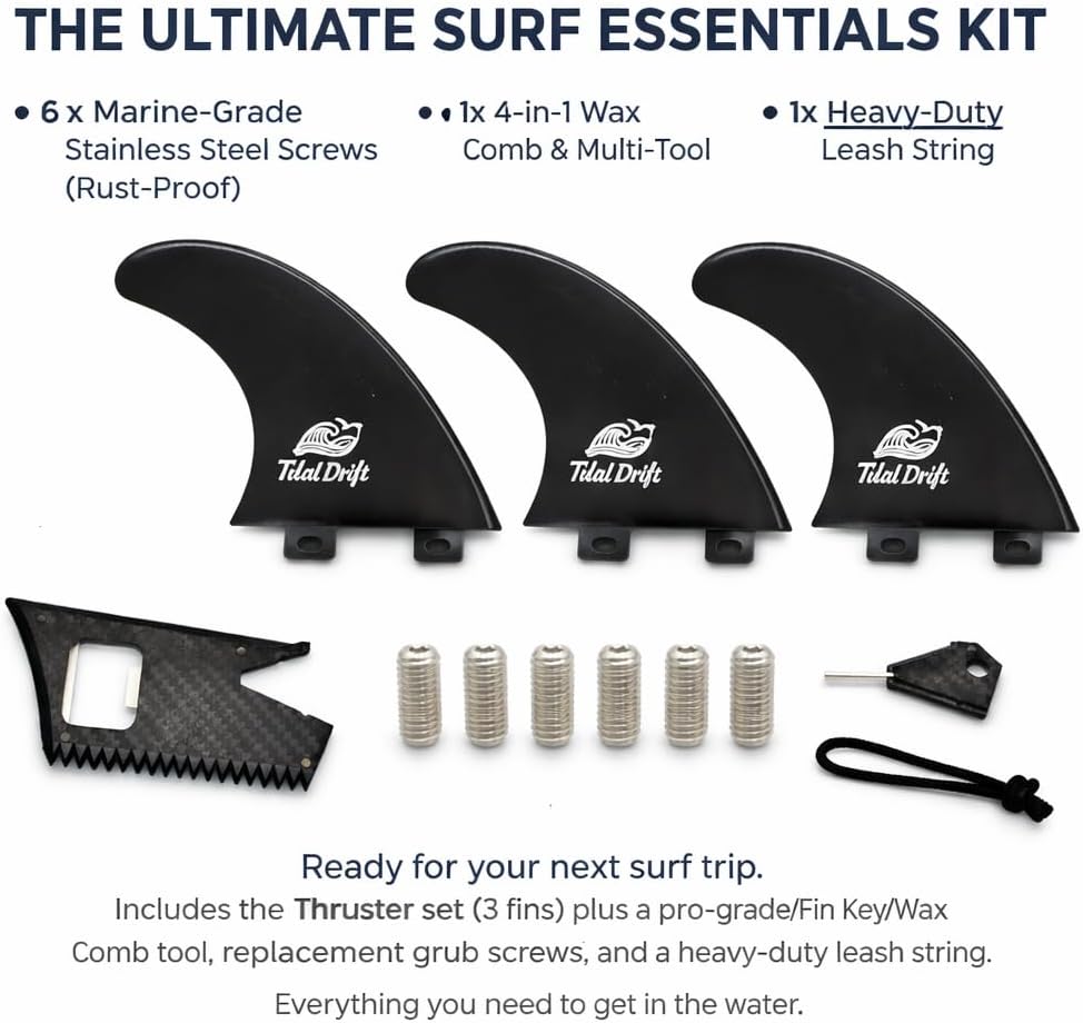 G5 Surfboard Fins, 35% Fiberglass Reinforced Nylon Thruster Set Compatible with FCS Bases, High-Pressure Molded for Stiff Flex &3 Fins with 4-in-1 Multi-Tool & 6 Spare Screws - Black