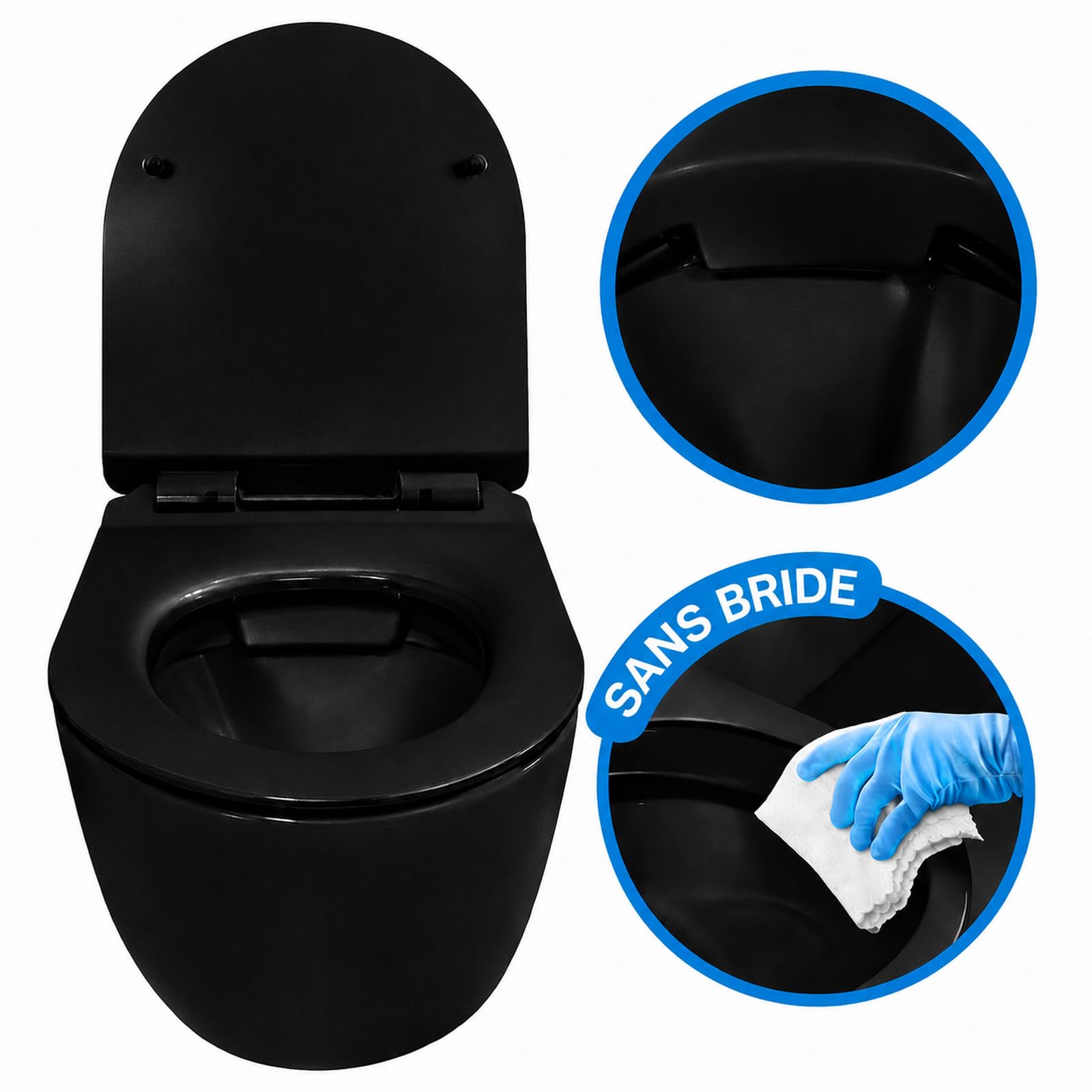 Inodoro suspendido - Cerámica - Sin bridas - Negro mate - Soft-close - Tapa extra fina - Diseño elegante y moderno