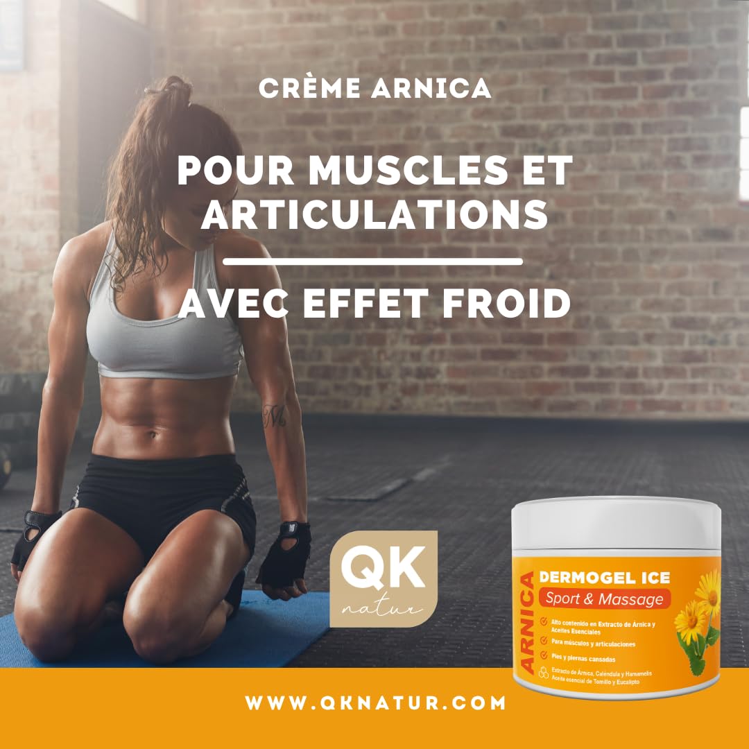 QKnatur - ARNICA MONTANA CREME GEL - Aide à soulager et apaiser les inconforts musculaires et articulaires - Teneur élevée en Arnica, Calendula, Extrait d'hamamélis - Massage (500 ml)