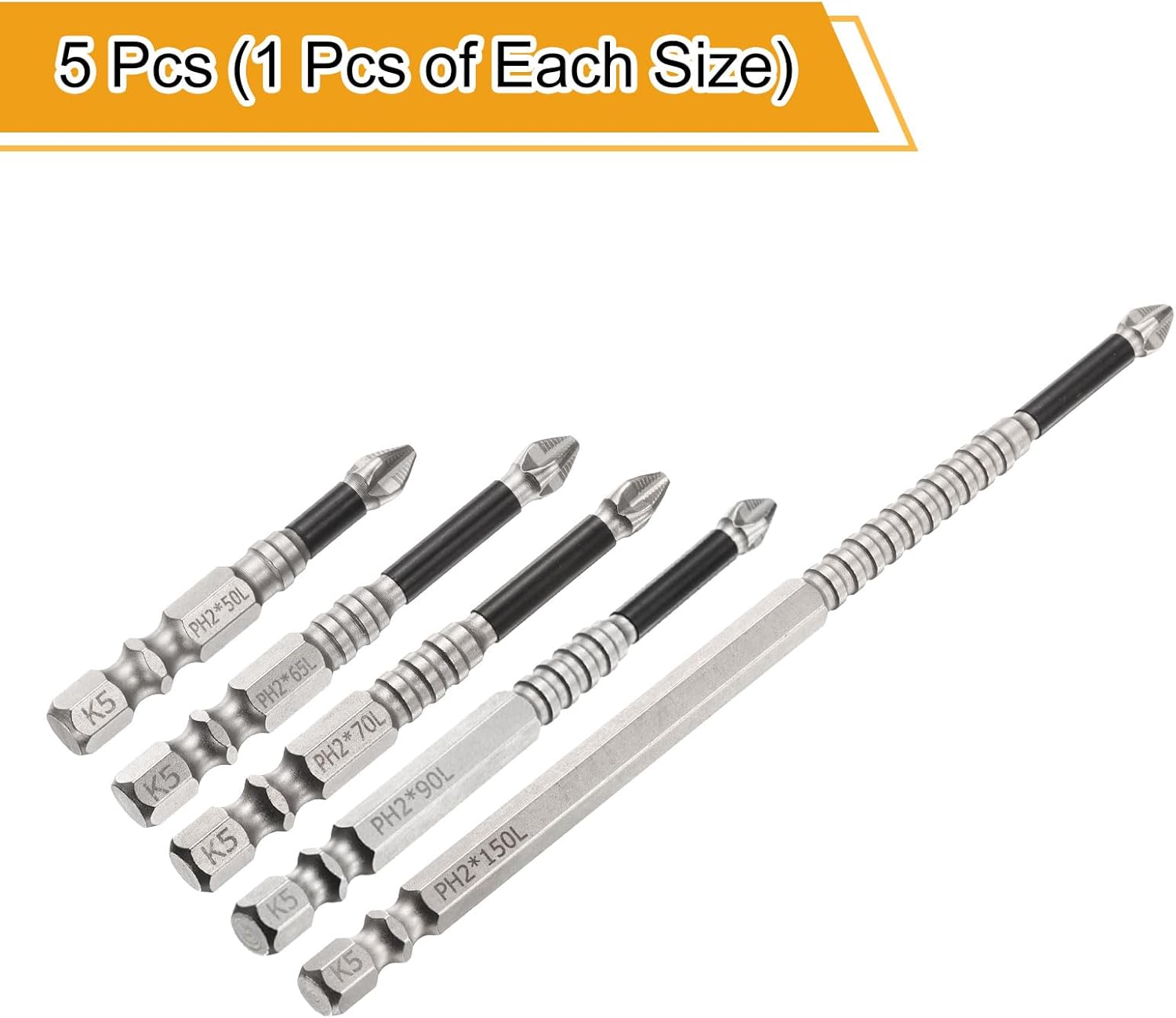 HARFINGTON 5pcs Impact Phillips Screwdriver Bit Set PH2 (#2) Anti Slip Tip 1/4" Hex Shank 2"/2.6"/2.8"/3.5"/6" (50mm/65mm/70mm/90mm/150mm) Long Magnetic Cross Screw Driver Drill Bits