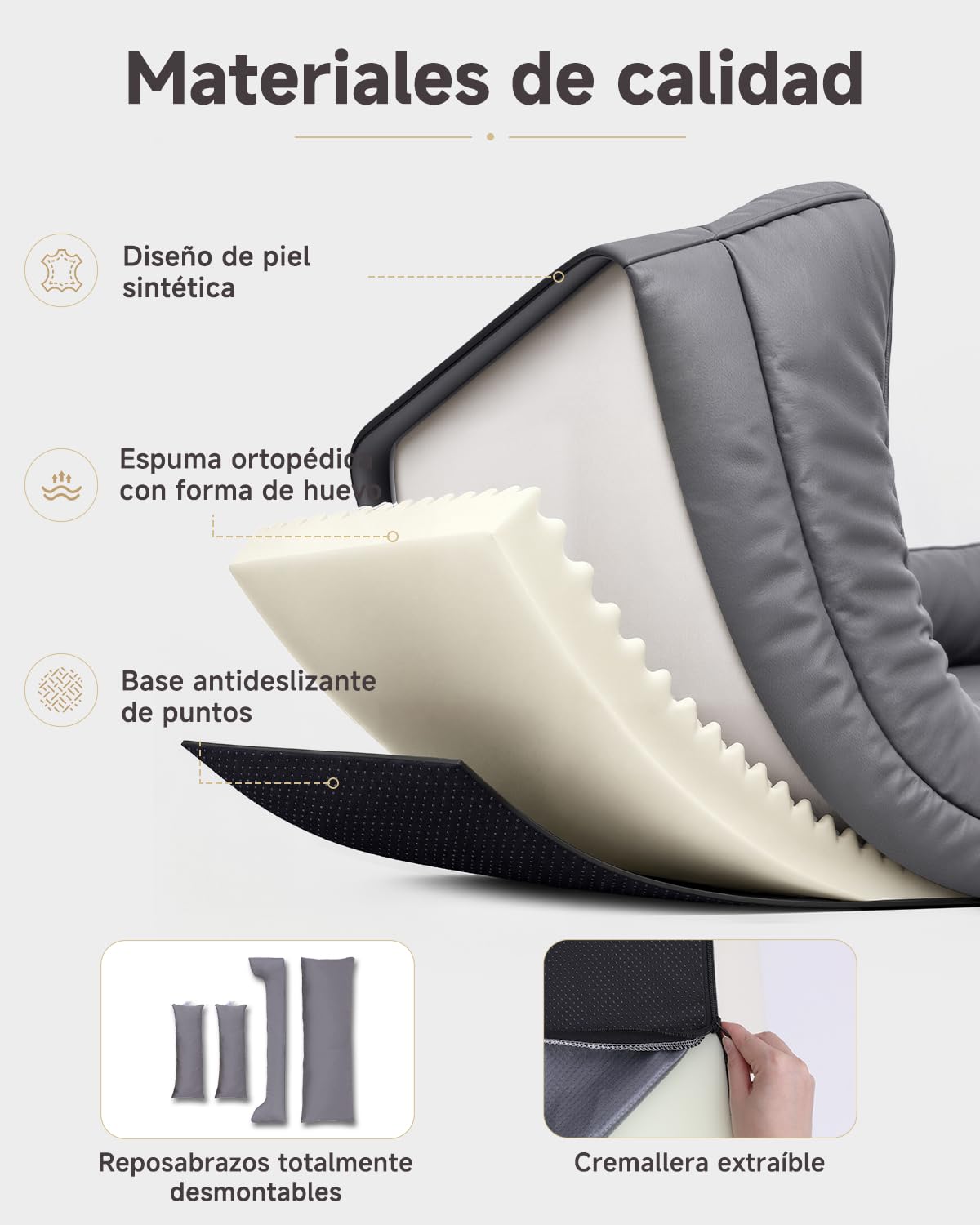 Ortopédica Cama Perro Medianos, Sofá Perro de Cuero Sintético Impermeable | 91x68 cm,4 bordes elevados,Cama para Perros Desenfundable y Lavable, Colchon Perro Antideslizante, Gris