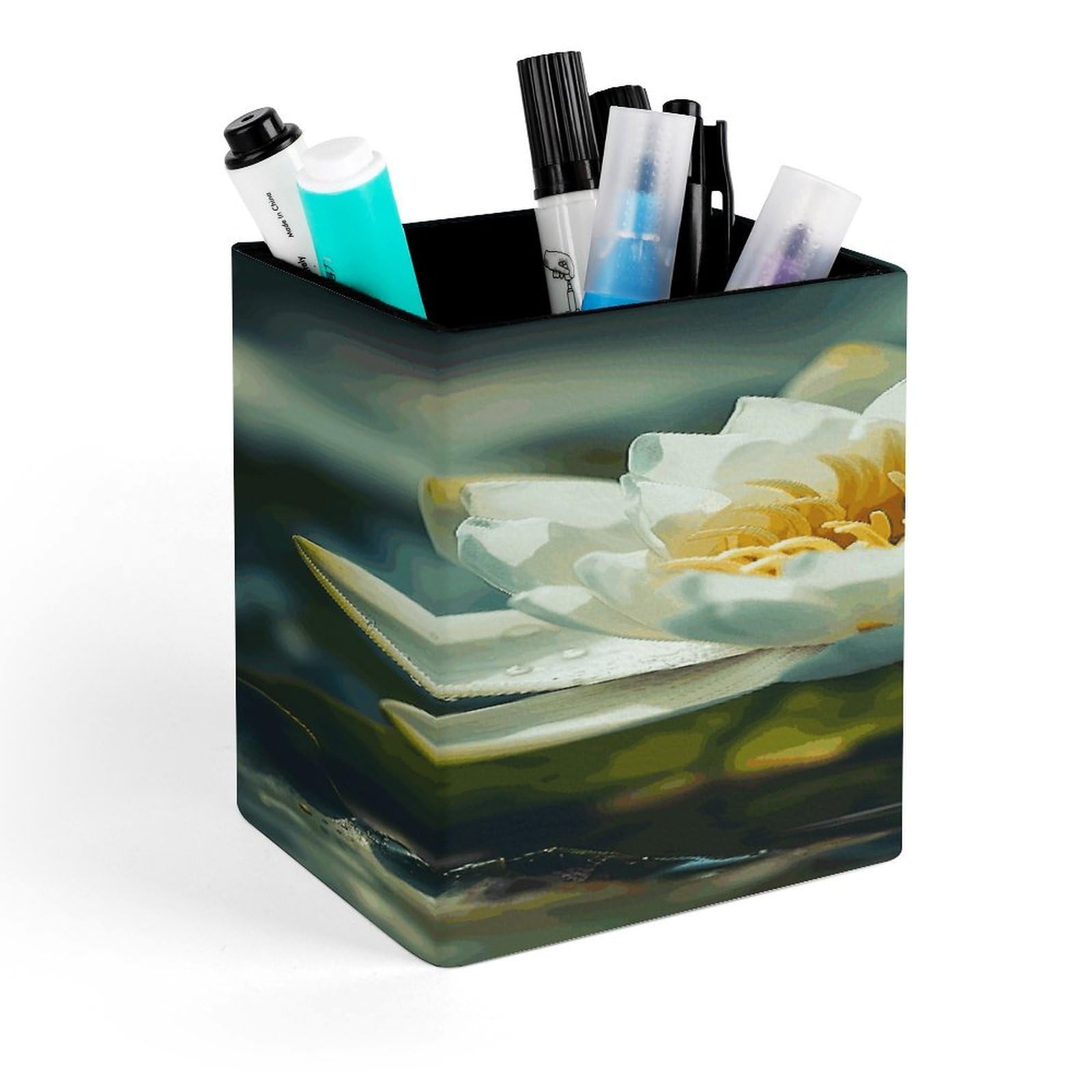JTREHY - Square Pen Holder Flower Over Water Pencil Holder PU Leather Stationery Organizer Office Accessories Container Box
