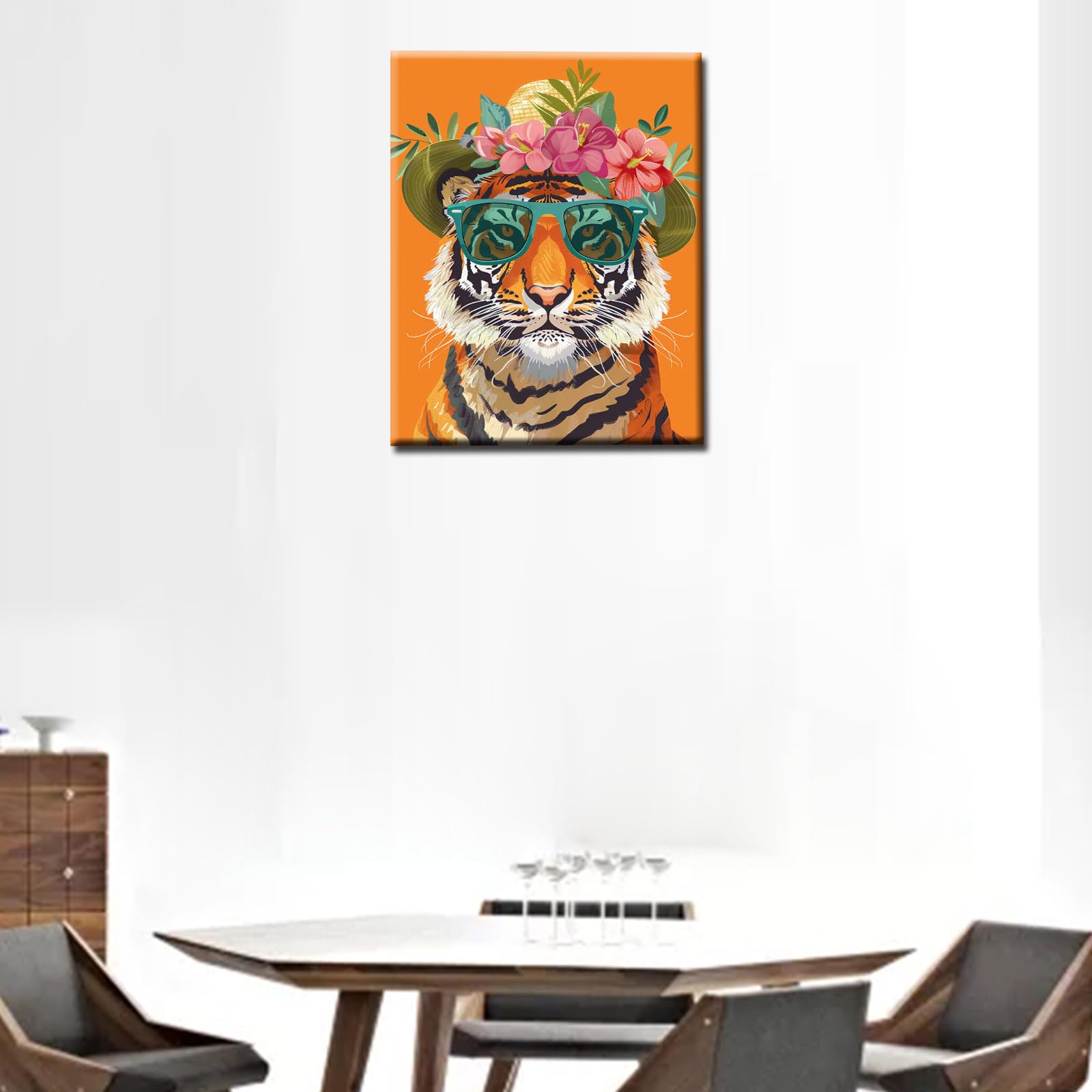 Walarky Cute Animal Poster Prints Artwork Tiger Wear Shades and Flowers Straw Hat 1P Canvas Room Wall Creative Pictures Home Decor for Living Room Framed Gallery-Wrapped Ready to Hang 16x24inch - Image 2