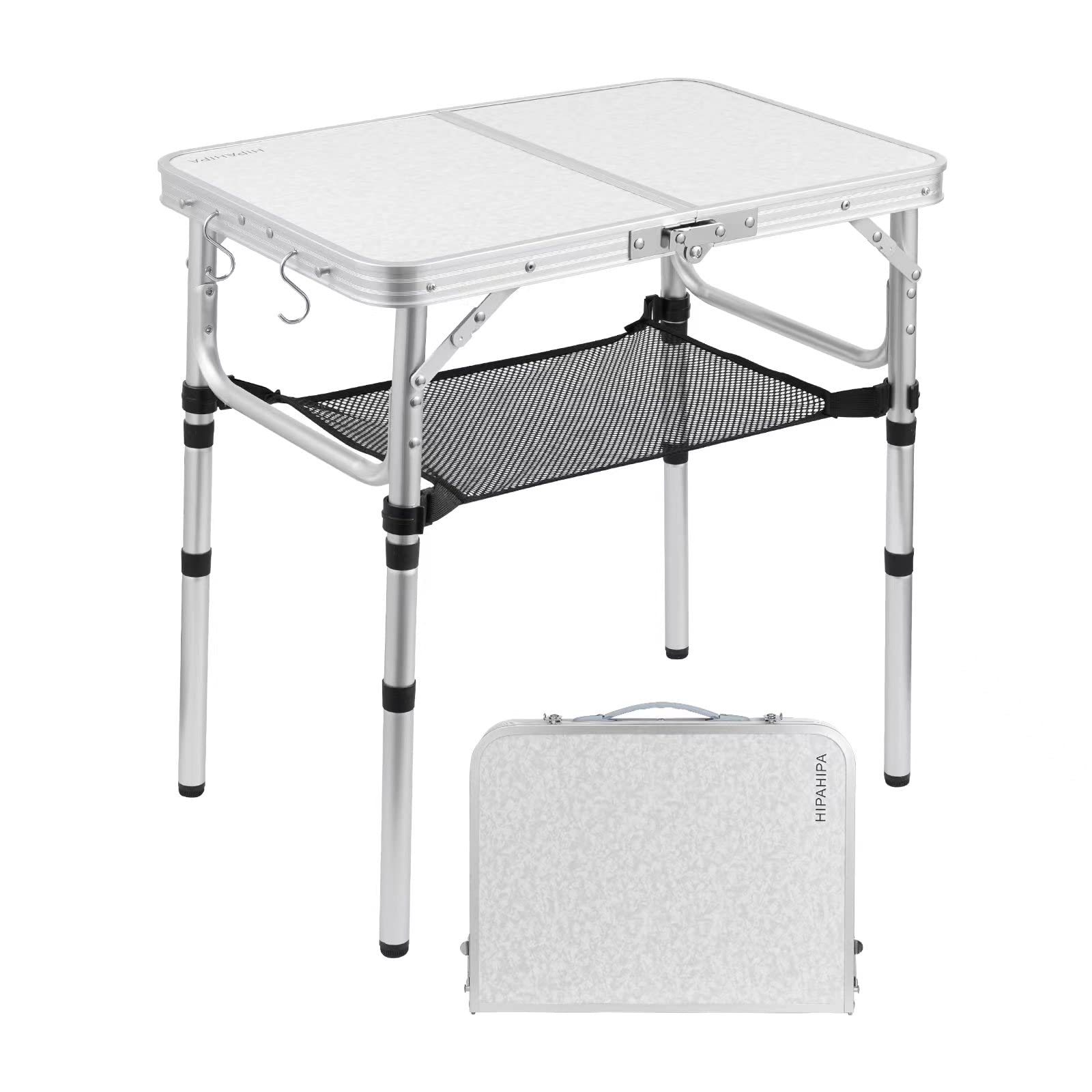 HIPAHIPA Camping Table with Detachable net Layer Portable Small Folding alumiumum Table Adjustable Height with 2 Hooks Easy Holders Sturdy Outdoor Picnic Beach BBQ Cooking
