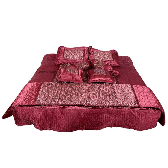 SWEP & SHOP Fashionable Gold Printed Satin Double Bed Gifting Wedding Bedding Set: 1 Bedsheet, 2 Pillow Cover, 2 Filled Cushion: 2 Filled Bolsters:1 AC Comforter - Set of 8 Pieces
