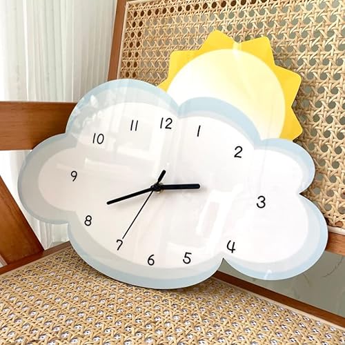 Miniatura 2 de Reloj de pared decorativo de dibujos animados 3D con sol y nube, lindo reloj colgante silencioso creativo moderno con batería para sala de juegos,