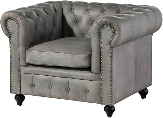 MASSIVMOEBEL24.DE | Chesterfield Sessel aus Echtleder #202 | aus echtem Büffel-Leder – Grau | 105x82x75 cm | mit Nieten | Lounge-Sessel Sofasessel Relaxsessel