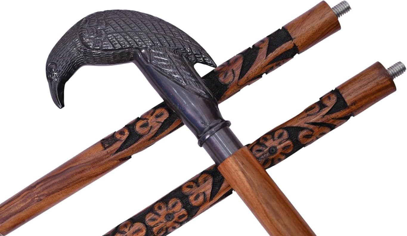 Handmade Hand Carved Wooden Walking Cane with Bird Handle – Decorative & Functional Mobility Aid Stick for Men & Women