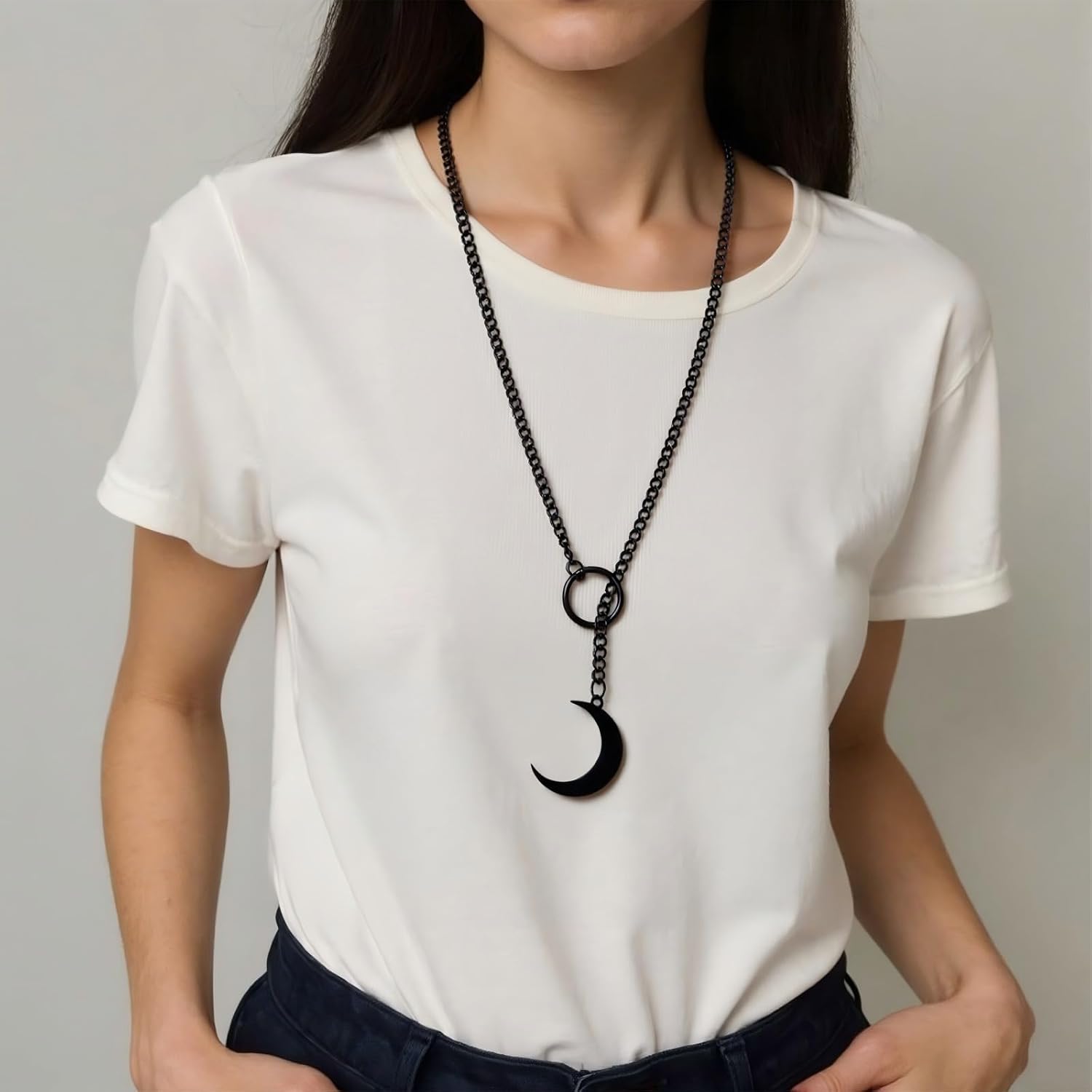 Slip Chain Choker for Women Handmade Black Stainless Steel Cuban Chain Chunky Moon Bat Raven Skull Pendant Gothic Punk Rock Collar Adjustable Lariat Y Necklace for Men