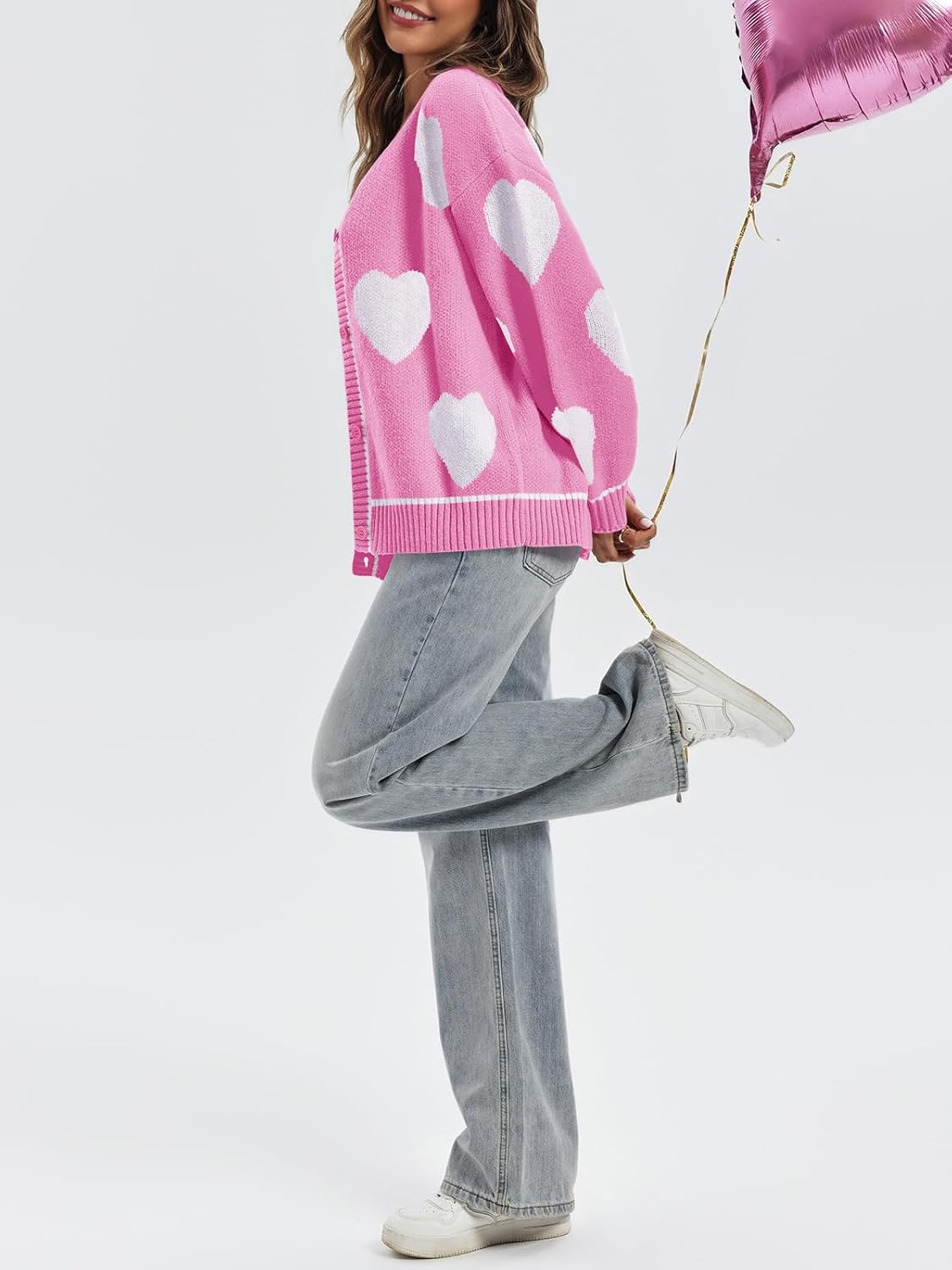 Saodimallsu Womens Cute Heart Cardigan Sweaters Chunky Knit Button Down Crewneck Long Sleeve Sweater Coat - Image 4