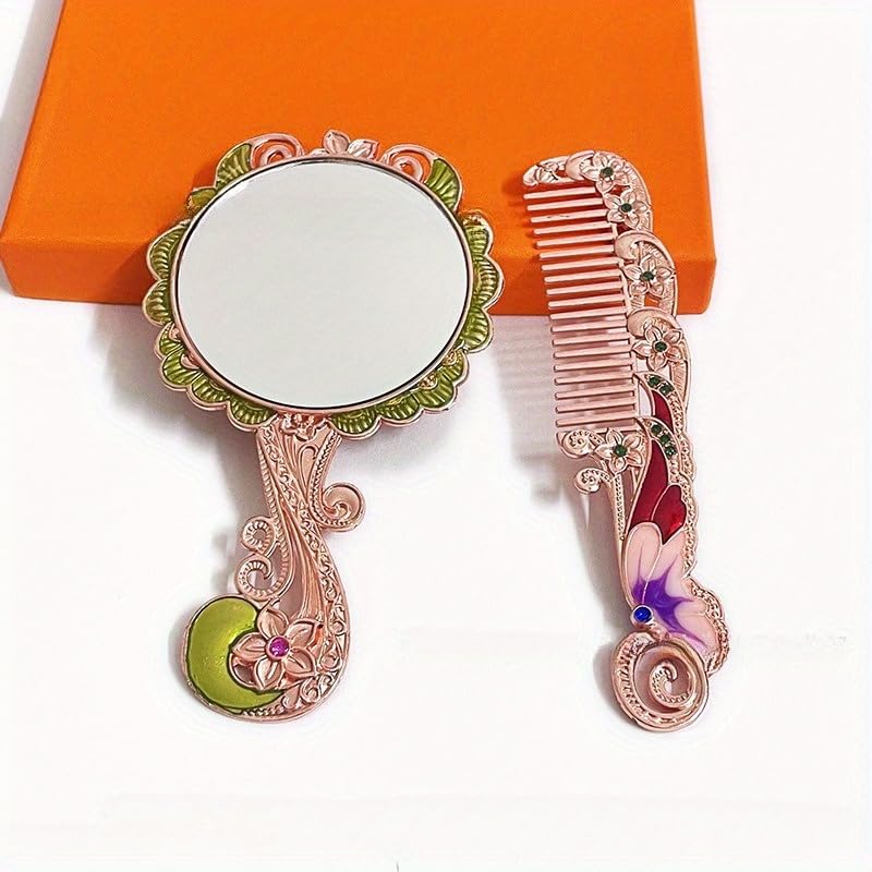 Espejo portátil plegable con mango metálico decorativo miniatura 2
