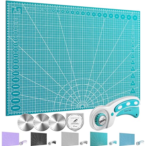 Miuzei Rotary Cutter Set: A2 Cutting Mat, 45mm Fabric Cutter, Self-Healing Craft Mat, Quilting Kit, Suitable for Cutting Fabric, Sewing, Leather, and Paper Cyan