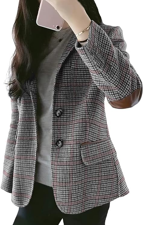 CHARTOU Women's Chic Lapel Collar Plaid 2-Button Business Work Office Blazer Suit Jacket - Image 2
