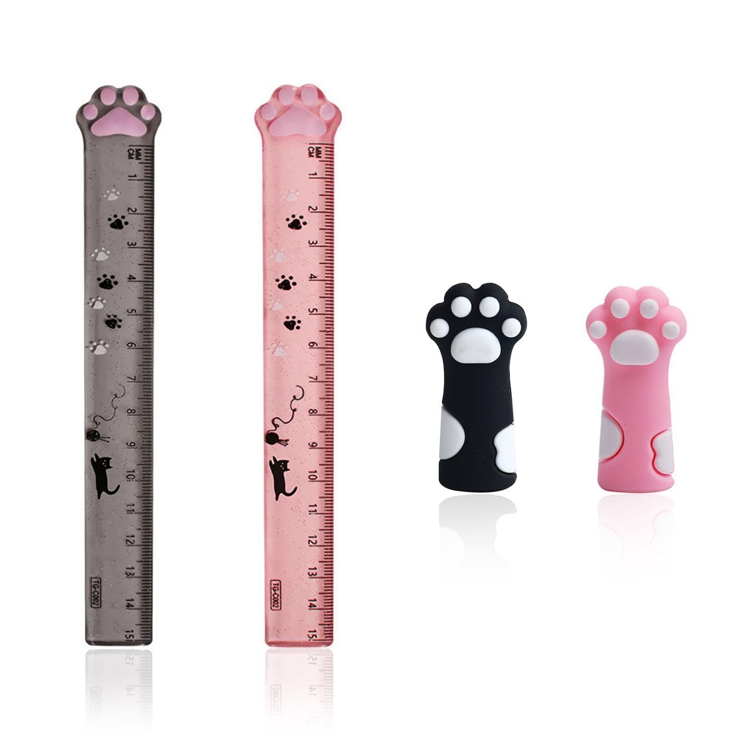 2 Pieces of Cat Paw Rulers and 2 Pieces of Cat Paw Pencil Caps, Creative Stationery, Cute Stationery, Measuring Ruler, Plastic Ruler, School Supplies