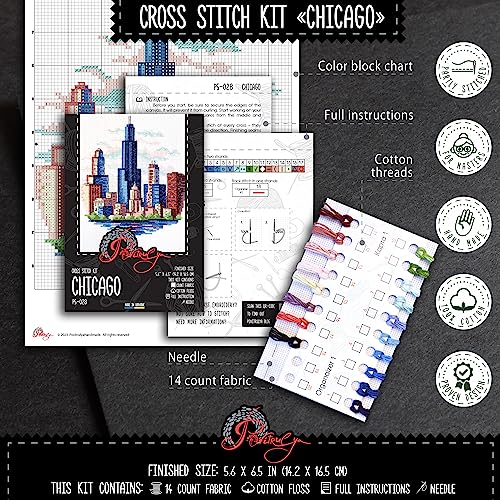 Image of Povitrulya Counted Cross Stitch Kit for Adults inchChicago inch - Chi-Town Cityscape Hand Embroidery Set with Pattern, 14-Count Aida Cloth and Pre-Sorted Cotton Threads