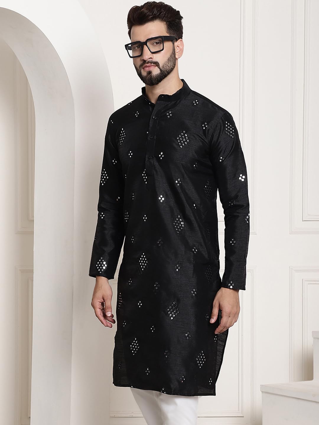 Sojanya (Since 1958 Men's Silk Blend Mirror Work Black Only Long Kurta