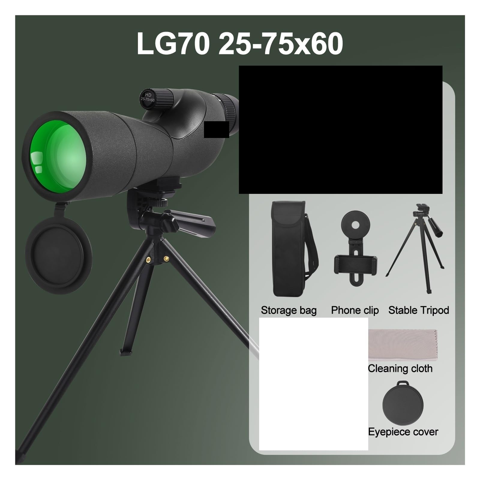 Telescopio monocular de 25-75x60 con Zoom Potente, Resistente al Agua, for observación Aves y Tiro Blanco trípode(Black Set)