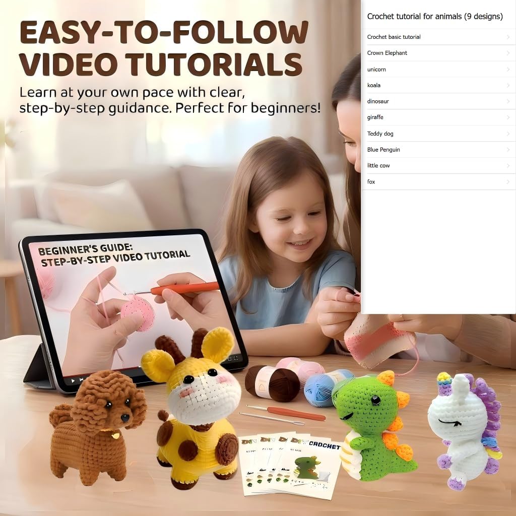 LeRoWen Mother’s Day Gifts for Mom Women Grandma – 9-in-1 Animal Crochet Kit for Beginners, DIY Amigurumi Craft Set with Yarn, Hooks & Step-by-Step Video Tutorials