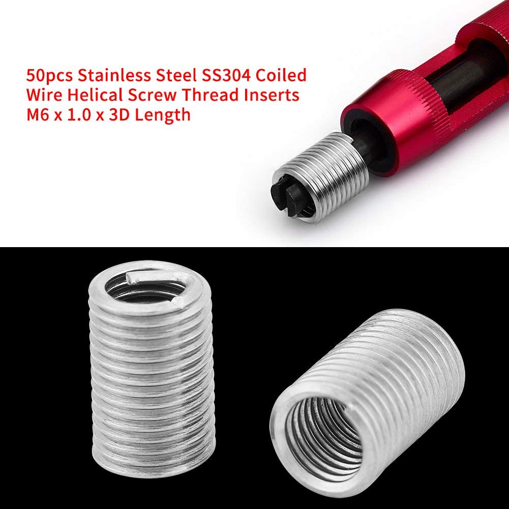 Tyenaza 50 Pezzi Inserto Filettato a Vite, M6 x 1.0 x 3D Inserto Helicoil, Kit di Inserti di Riparazione Metrico Filettato Tipo Elicoil in Acciaio Inox SS304, per Automotive, Turbine a Vapore
