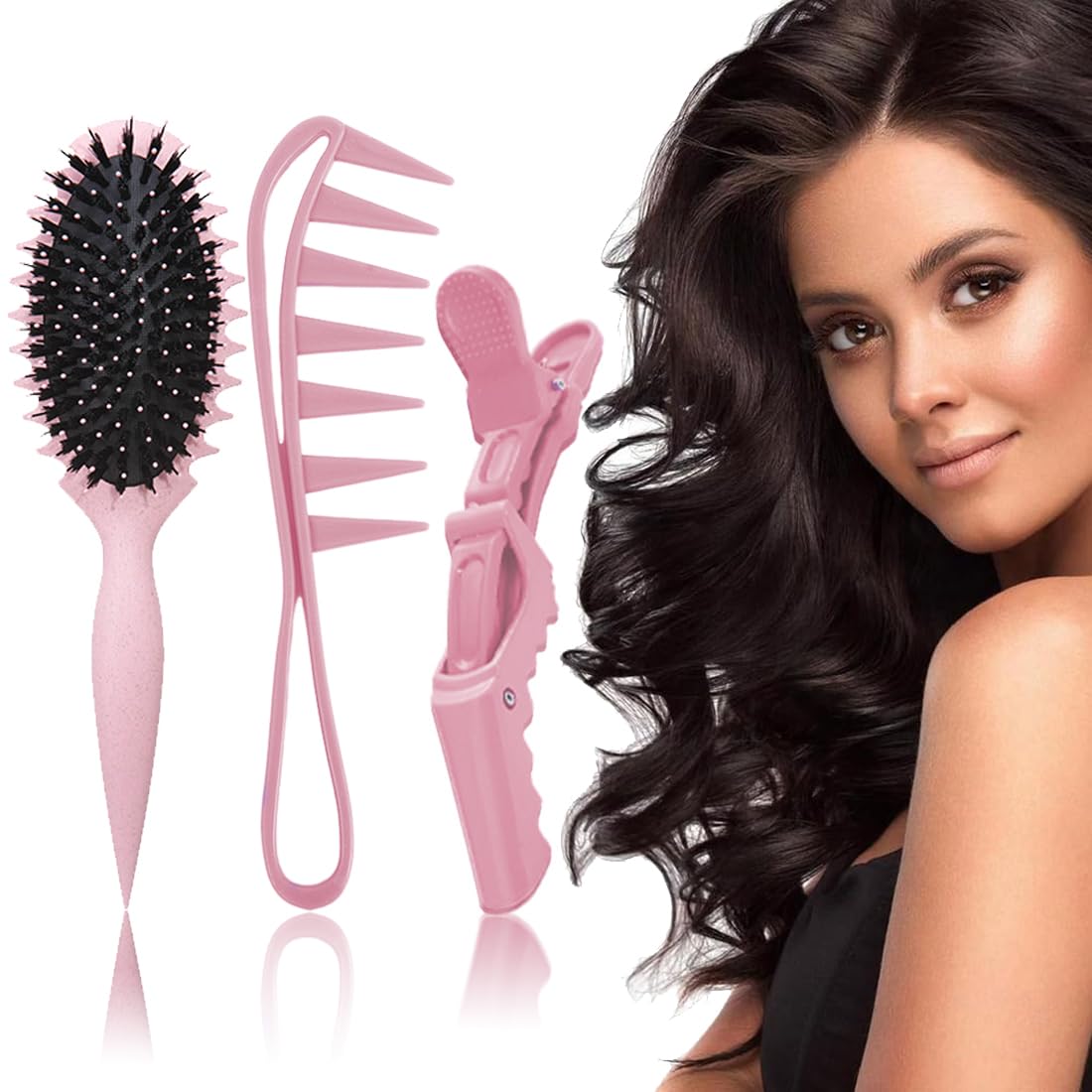 XPEX 3 piezas Curl Bou-Nce Brush, Cepillo Curly Rizos, Curl Defining Brush,Define Styling Brush,Peine Pelo Rizado Con 1 Horquilla Para Desenredar, Dar Forma Y Definir Rizos Para Mujeres (rosa)