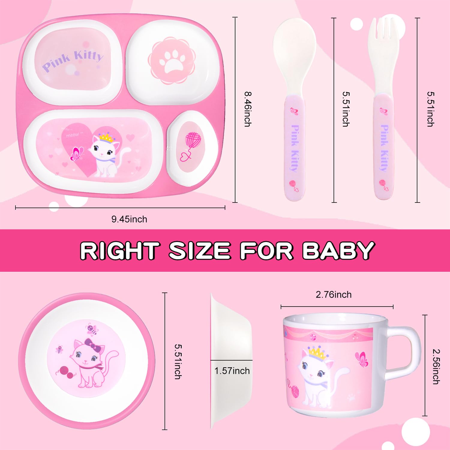 5-Piece Kids Melamine Dinnerware Set – Plate, Bowl, Cup, Fork & Spoon – BPA-Free, Durable & Lightweight Cartoon Set for Toddlers (Little Pink Cat)