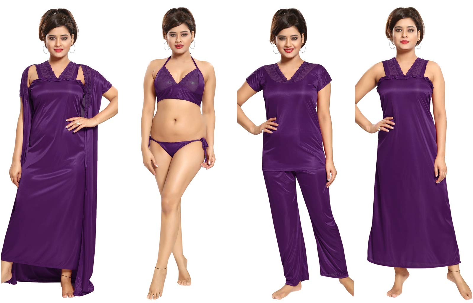 REPOSEY Women's Satin Solid Maxi Length Nighty with Robe, Pajama with Top and Bra with Panty (Free Size) (Pack of 6)