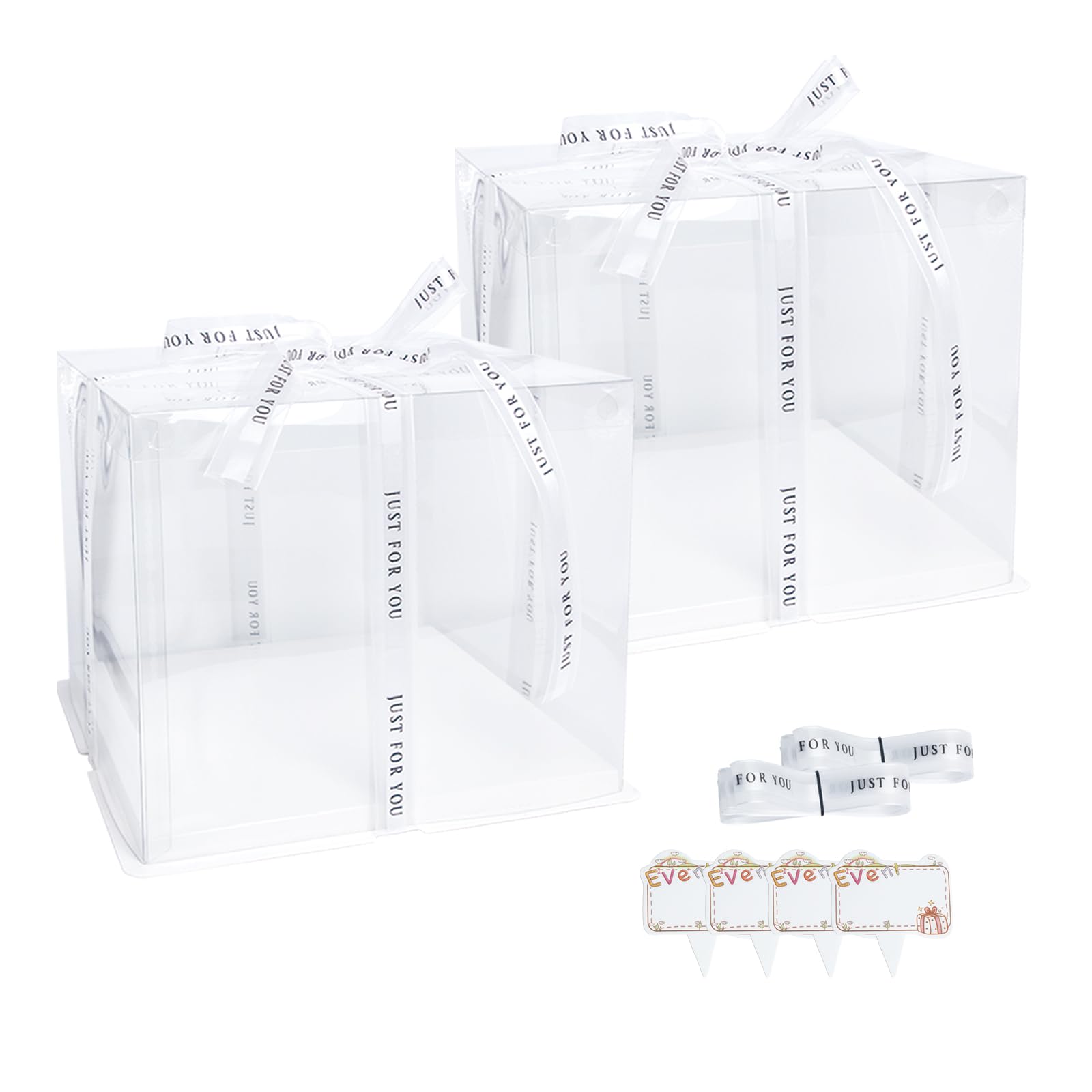 Clear Cake Box, 2 Pcs Transparent Cake Carrier Box with Lids, 10'' PET Cake Packaging Boxes with Ribbon Gift Card for Pastries, Clear Gift Boxes for Birthday, Wedding and Festival Party, White.