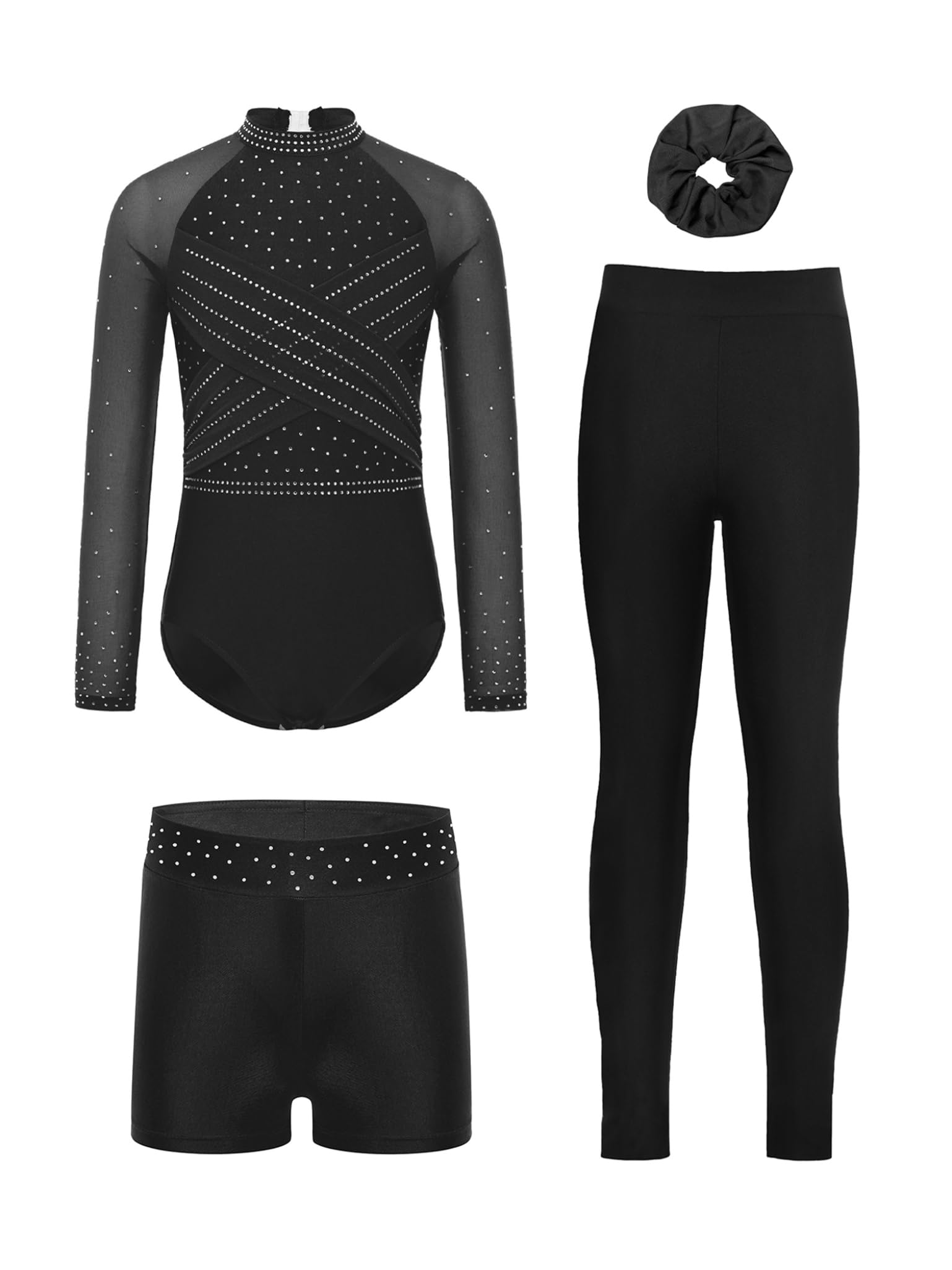 Mädchen Turnanzug Langarm Gymnastikanzug Glitzer Eiskunstlauf Body Overall mit Hose Shorts Haarband Trikotanzug Eislaufen Tanzkostüm