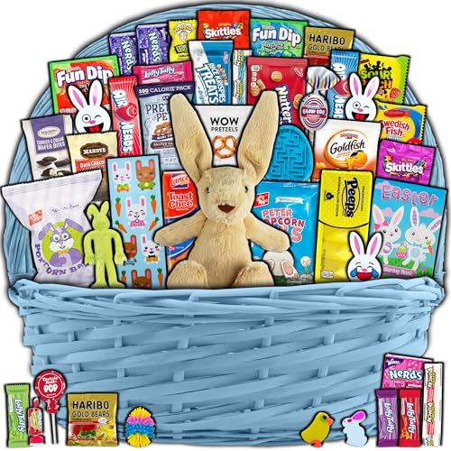 Blue Easter Basket for Kids and Adults (45ct) - Already Filled Easter Gift Basket with Plush Easter Bunny, Candy, Snacks, and Treats - Boys, Girls, Grandchildren, Young Children, Toddlers, Men, Women