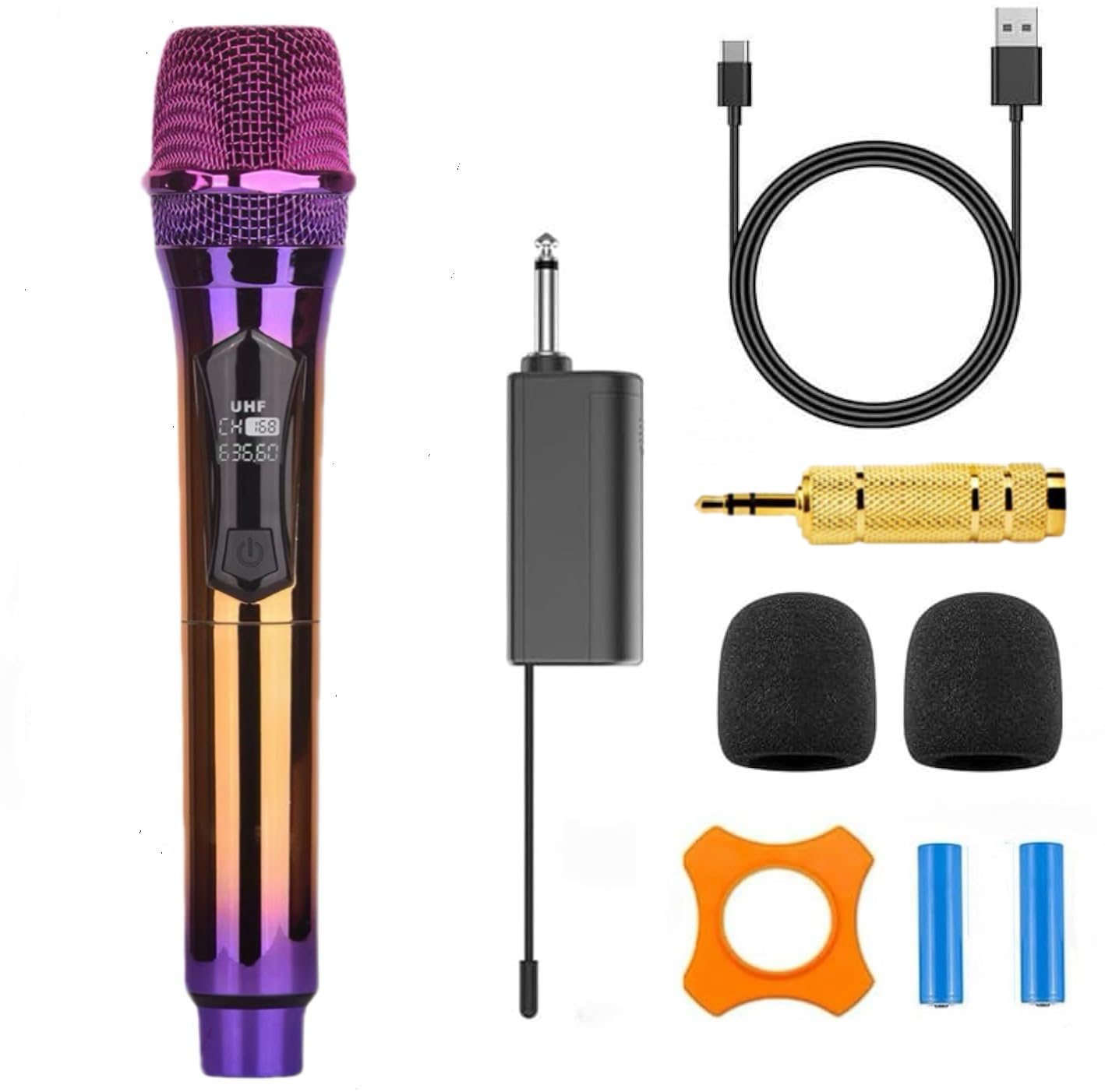 Handheld Wireless Microphone, Rechargeable Wireless UHF Microphone, Handheld Dynamic Wireless Mic for Large Stage Singing Karaoke Wedding DJ Party Speech Church Class Use PA System (Purple)