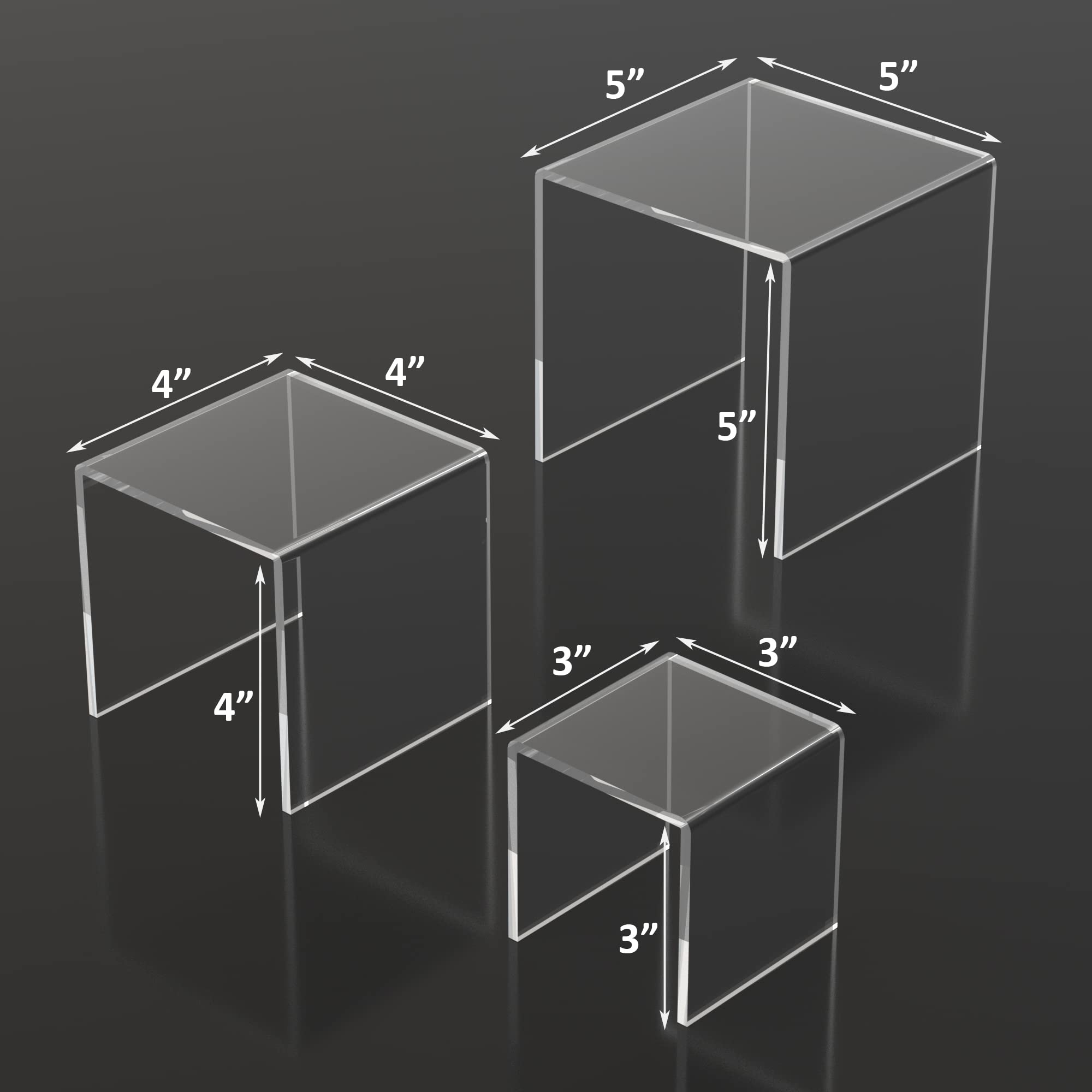 Sezanrpt Square Acrylic Display Risers 3pcs, Clear Showcase Shelves for Collectibles Funko Pop Figures, Perfumes, Cupcake - Image 2