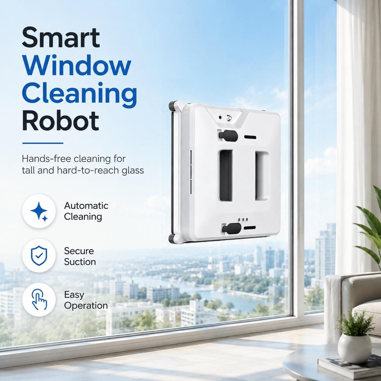 Robot de limpieza de vidrio inteligente con control remoto por infrarrojos | La fuerte succión mantiene el robot firmemente sujeto a vidrios altos o de difícil acceso.