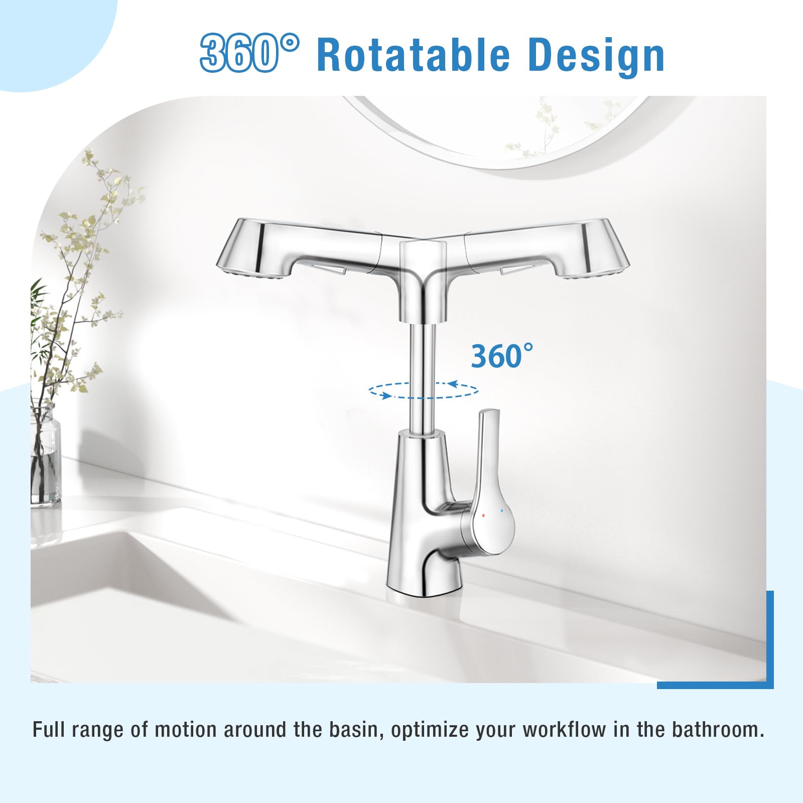 Grifo para lavabo de baño ajustable arriba y abajo con cabezal de ducha extraíble de 2 funciones, giratorio 360°, grifo para lavabo, baño, cromado brillante