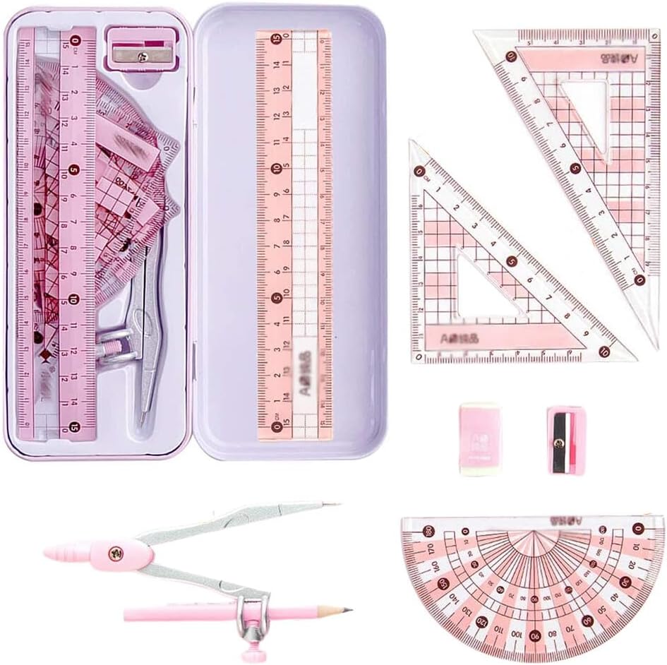 Goodern 8Pcs Maths Set,Mathematical Geometry Kit Set with Storage Box Perfect Gift for Student,Math Kit Geometry Compass Sets Exam Stationery Include Ruler Protractor Eraser Compass Pencil-Pink