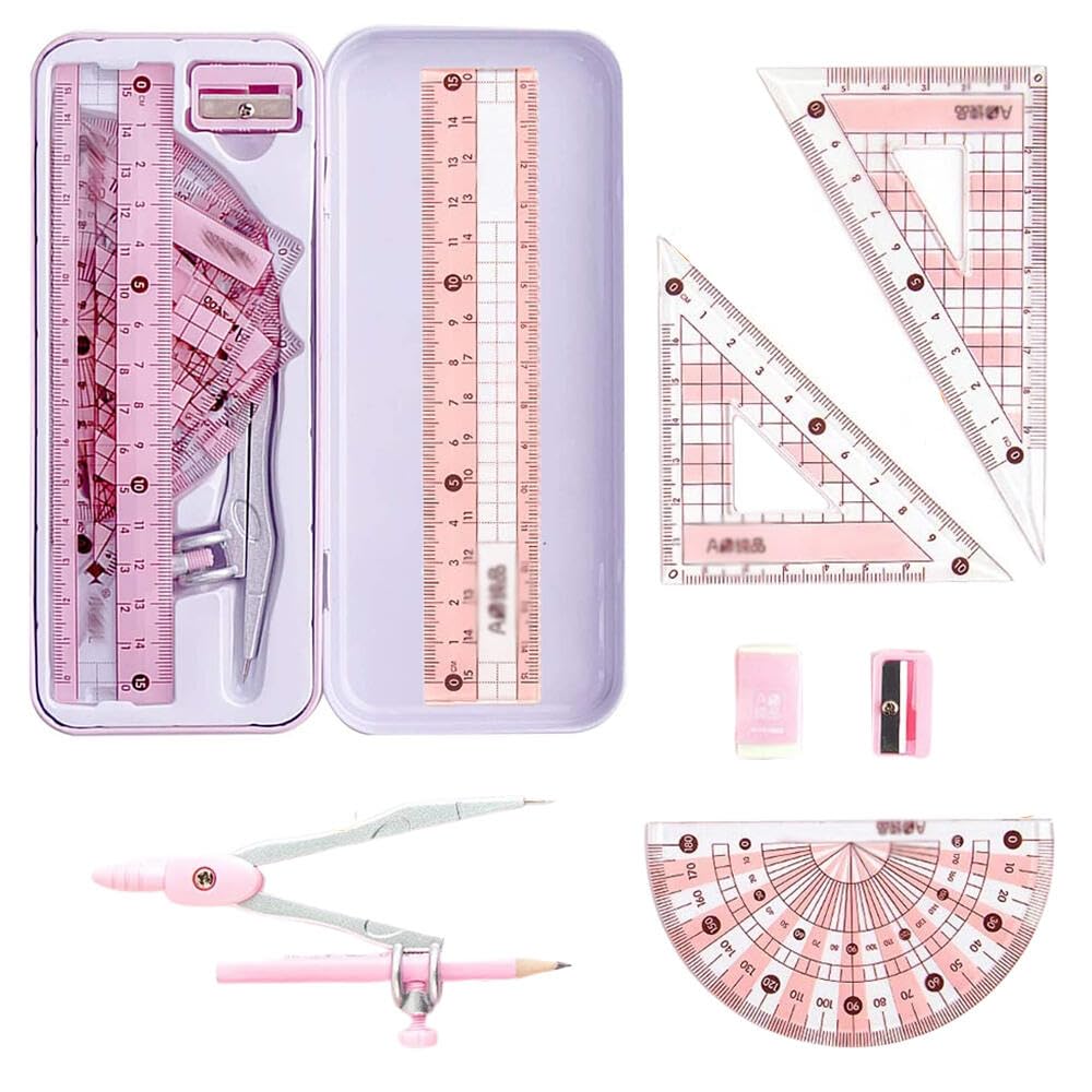 Goodern 8Pcs Maths Set,Mathematical Geometry Kit Set with Storage Box Perfect Gift for Student,Math Kit Geometry Compass Sets Exam Stationery Include Ruler Protractor Eraser Compass Pencil-Pink