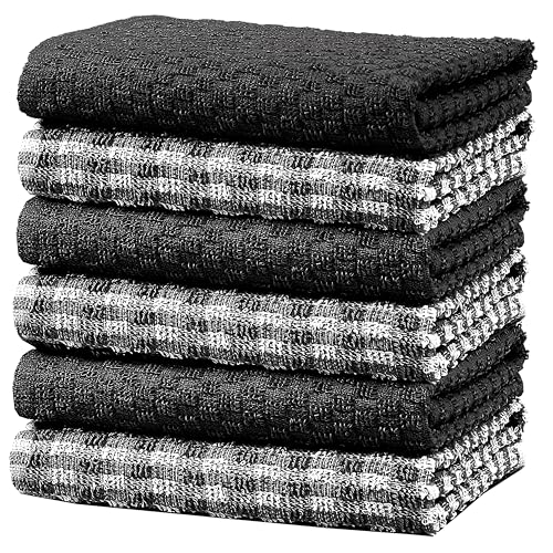 Olivia Rocco 100% Cotton Ascot Check Terry Tea Towels for Kitchen Pack of 6 Super Absorbent Dish Cloth Towel for Drying & Cleaning Household Essentials Black- 6 PK