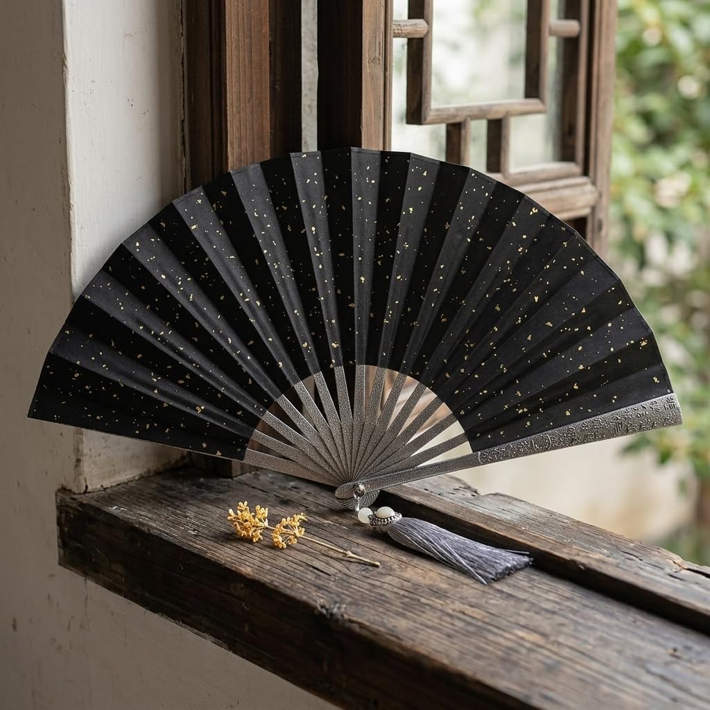 Metal Folding Fan 1 Piece Black Iron Hand Fan for Dance