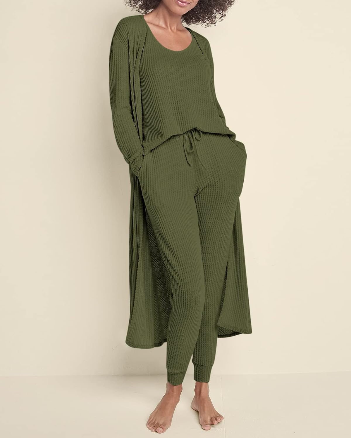 Eurivicy Womens Lounge Set Waffle Knit 3 Piece Pajama Sets Tank Tops Loose Pants with Long Cardigan Loungewear 2025 - Image 2